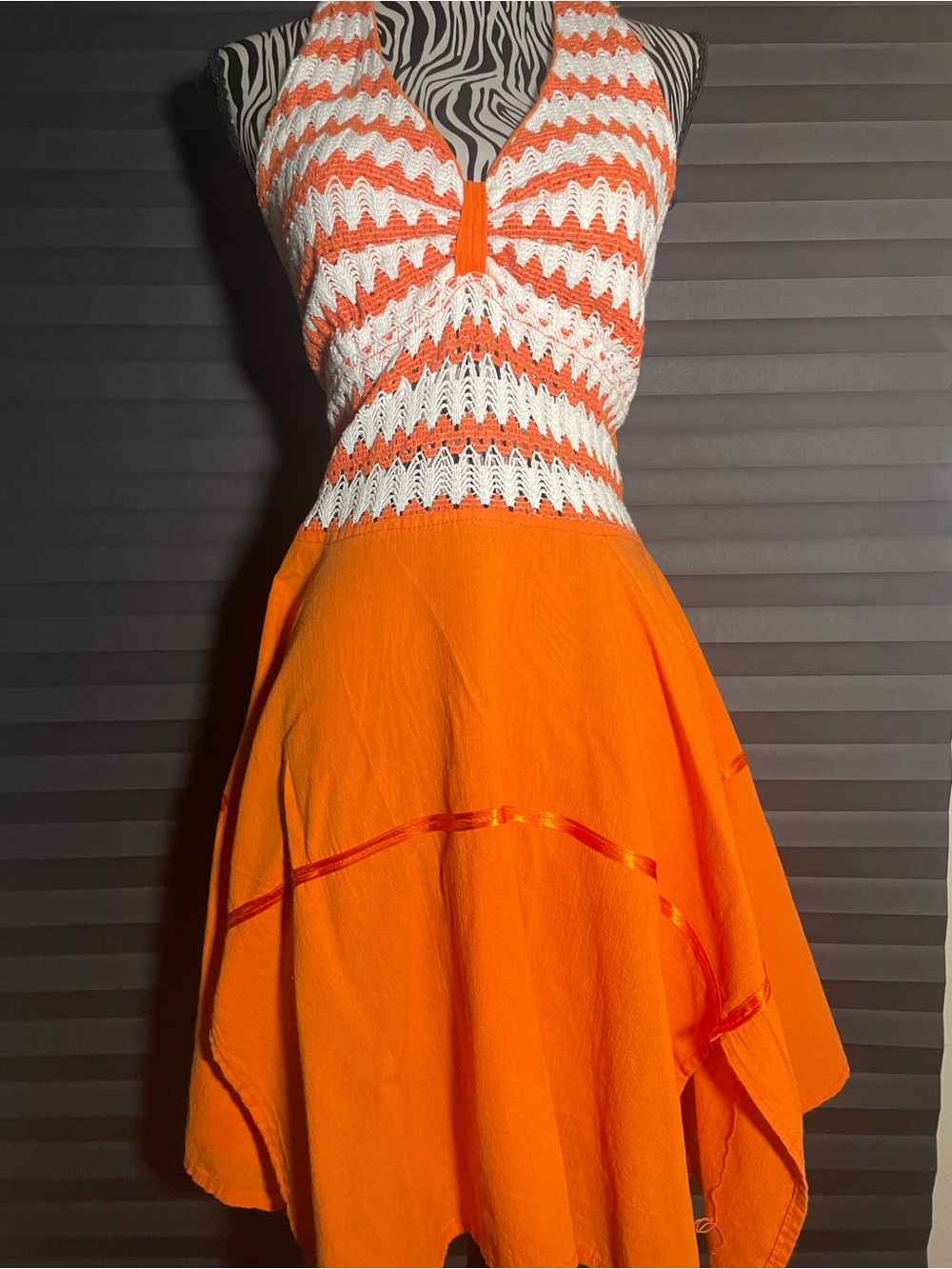 100% Cotton Vintage 70’s does 50’s Orange and White Knit Halter Midi Dress